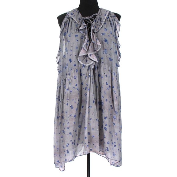 IRO Jaysan Grey Chiffon Abstract Floral Print Cascading Ruffle Dress 36 US 4 - Picture 1 of 9